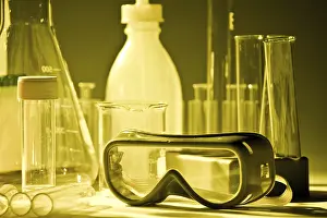 Bright Studio Background Photo Drucke: Various chemical and laboratory objects on a white background