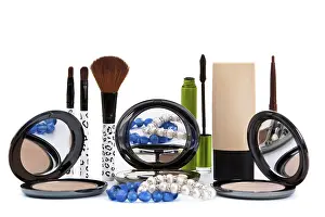 Cosmetic Product Assortment Drucke: Various cosmetics isolated over white