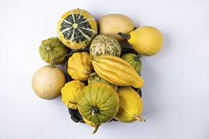 Ornamental Pumpkins Drucke: Various ornamental pumpkins in and next to baskets
