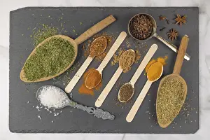 Spice Photography Drucke: Various spices on different spoons