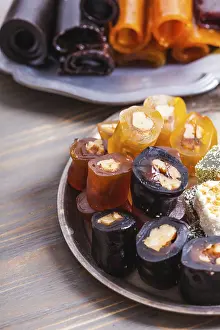 Close Up Food Images Drucke: Various types of dry fruit leather with nuts close up