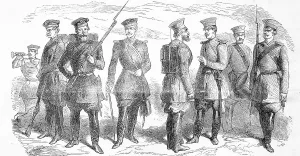 Historical Military Attire Drucke: Various war uniforms, on the left