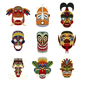 Tribal Masks Drucke: Vector tribal masks set, isolated objects over white background