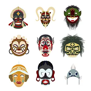 Retro Style Graphic Art Drucke: Vector tribal masks set, isolated objects over white background