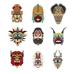 Pictogram Symbols Drucke: Vector tribal masks set, isolated objects over white background