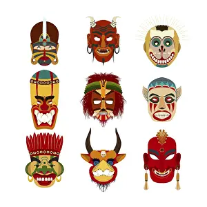 Ancient Civilization Symbols Drucke: Vector tribal masks set, isolated objects over white background