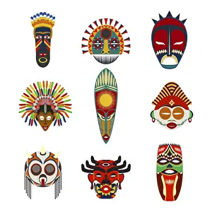 Tribal Masks Drucke: Vector tribal masks set, isolated objects over white background