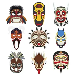 White Background Isolated Objects Drucke: Vector tribal masks set, isolated objects over white background