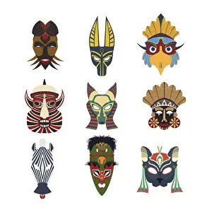 Pictogram Symbols Drucke: Vector tribal masks set, isolated objects over white background