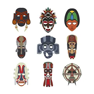 Pictogram Symbols Drucke: Vector tribal masks set, isolated objects over white background