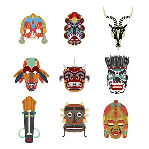 Tribal Masks Drucke: Vector tribal masks set, isolated objects over white background
