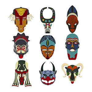 White Background Objects Drucke: Vector tribal masks set, isolated objects over white background