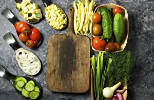 Fresh Vegetables Drucke: Vegetables on the background. Fresh vegetables (cucumbers)