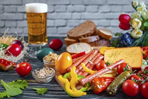 Multicolored Food Photography Drucke: Vegetarian snack with beer, Easter