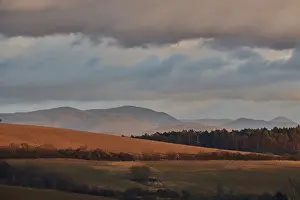 Europe Countryside Scenery Drucke: Vegetation of forests and fields in the hills with clouds in evening light