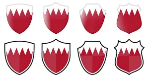 Drucke von Bahrainisches Wappen in Form eines senkrechten Fahnentuchs, vier 3D- und einfache Versionen Bahrain Drucke: Wahre Flagge in Form eines Schildes.
