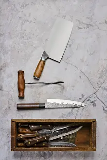 Butcher Shop Equipment Drucke: Vertical composition with used butcher tools