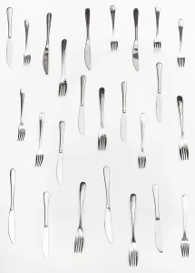 Empty Plate Concept Image Drucke: Vertical set of table knives and forks on white background