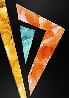 Black Background Art Drucke: A vibrant abstract design featuring triangular shapes with fluid ink patterns in orange
