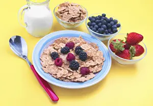 Yellow Background Food Photography Drucke: A vibrant breakfast spread with cereal