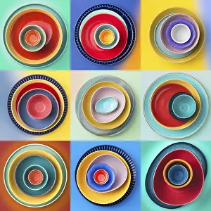 Vibrant Food Photography Drucke: A vibrant collection of nine stacked plates arranged in a grid pattern