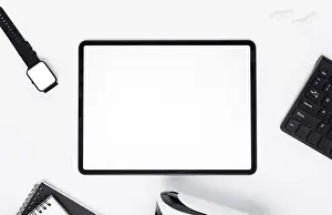 Office Work Setup Drucke: Top view arrangement with tablet