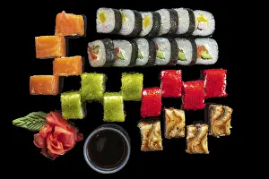 Seafood Dish Drucke: Top view of big set of rolls on black background