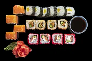 Seafood Dish Drucke: Top view of big set of rolls on black background