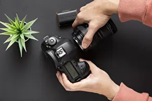 Black Background Photography Drucke: Top view camera concept with black background