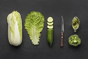 Green Leafy Vegetables Drucke: Top view celery with broccoli cucumber