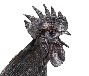 Poultry Farming Drucke: Side view of a Cemani rooster singing