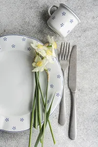 Textured Gray Background Drucke: Top view of a charming table setting featuring a ceramic plate with blue dots