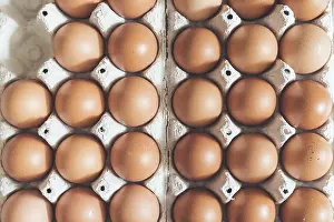 Organic Chicken Eggs Drucke: Top view of chicken eggs in a basket