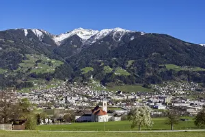 Deciduous Tree Photography Drucke: View of the city in front of the mountain backdrop