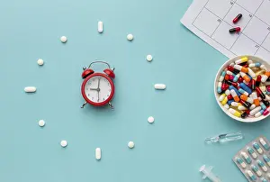 Deserted Pharmacy Scene Drucke: Top view clock shape pills