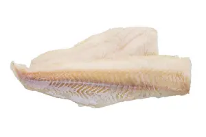 Healthy Eating Image Drucke: Top view of cod fillet isolated on white background