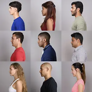 Studio Shot Portraits Drucke: Side view collage of people faces against studio background