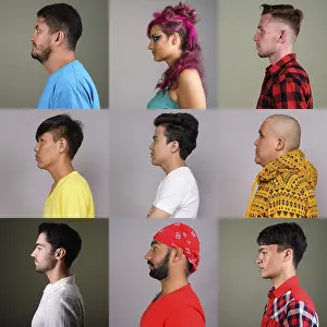 Conceptual Photography Drucke: Side view collage of people faces against studio background