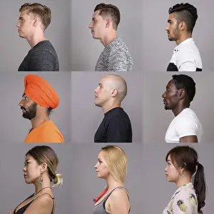 Portrait Photography Studio Drucke: Side view collage of people faces against studio background