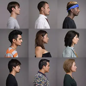 Portrait Photo Studio Background Drucke: Side view collage of people faces against studio background