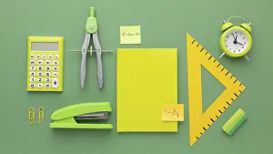 View From Above Office Work Drucke: Top view composition school supplies