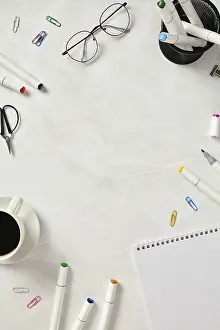Creative Workspace Drucke: Top view of a creative and organized workspace featuring sketchbook