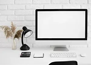 Contemporary Workspace Design Drucke: Front view desk with computer lamp