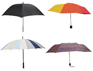 Bright Studio Photography Drucke: Side view of four different open umbrellas against white background