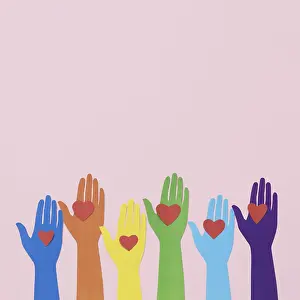 Colourful Office Supply Drucke: Top view diversity composition different colored paper hands with copy space