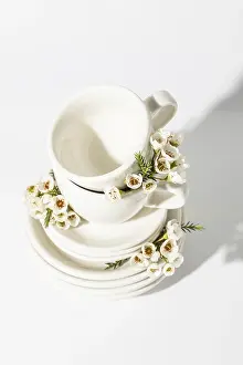 Delicate Floral Arrangement Drucke: Top view of elegant white cups and plates