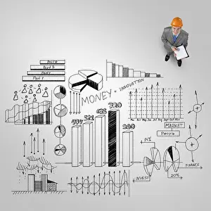 Caucasian Male In Suit Drucke: Top view of engineer man with folder and plan sketches on floor