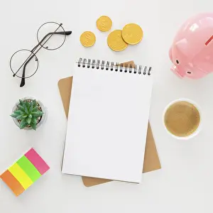 No People In Background Drucke: Top view financial elements arrangement with empty notepad