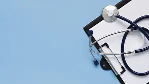White Background Medical Symbol Drucke: Top view frame with stethoscope