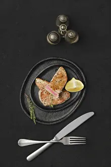 Edible Fish Photography Drucke: Top view of fried tuna steak